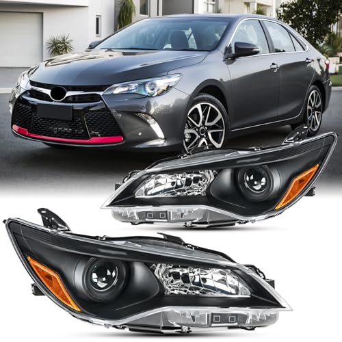 Pair Headlights Assembly Set For 2015 2016 2017 Toyota Camry LE XLE SE XLE Replacement with projector Halogen Front Headlamps Left Driver Right Passenger Side Black Housing Clear Lens(LH&RH)