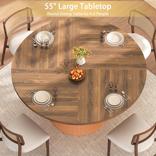 Image of 55 inch Round Dining Table for 4-6 People, Modern Farmhouse Dining Kitchen Table with Fluted Cylindrical Pedestal Base for Dining Room, Living Room, Kitchen, (Chairs Not Included)