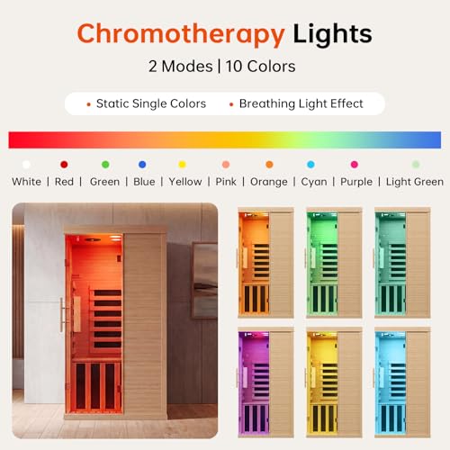 Wood Infrared Sauna for Home, Infdoor Home Sauna with Red Light, 1 Person Infrared Sauna, Chromotherapy Light, Hemlock, Low EMF Far Infrared, Blutooth Speakers, 33.4'' x 33.4'' x 70'' - Image 4
