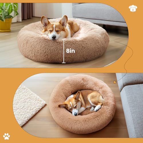 DUMOS Calming Donut Cat & Dog Bed for Medium Dogs, Machine Washable Cuddle Warming Cozy Fluffy Faux Fur Plush Round Dog Bed, Anti-Anxiety Waterproof Anti-Slip Pet Bed, Brown, 24×24×8 Inches - Image 3