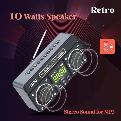 Image of PAGARIA New Retro Portable FM Radio with 10 Watts Sound, Bluetooth Recording, Alarm Clock, USB /TF Card, Detachable External Antenna, Earphone & Aux Port (Black)