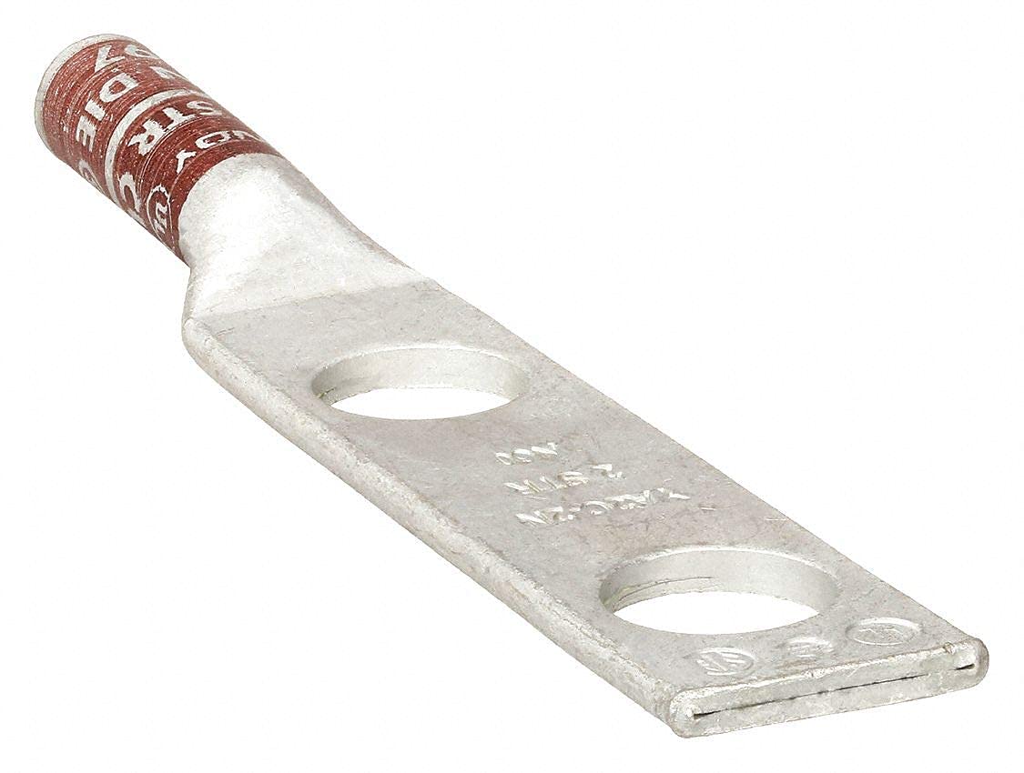 Burndy YA2C2N Two Hole Hylug Code Conductor Long Barrel Copper Compression Terminal, 2 AWG Conductor, 1/2 Stud Hole Size, 1-3/4 Stud Hole Spacing, 0.81 Tongue Width, 4.64 Length