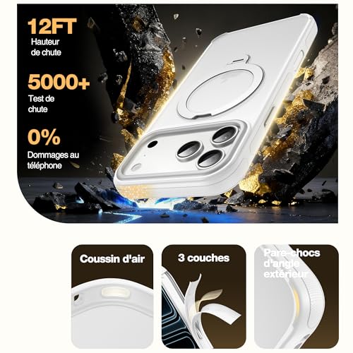 Coque iPhone 17 Pro Max Tapify avec support rotatif et anneau MagSafe blanc