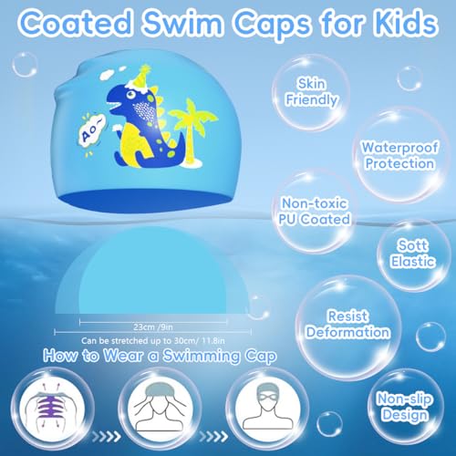 Image of PROBEROS Swimming Goggles and Cap Set for Kids, Anti Fog, Dinosaur Blue | Fog Control for Clear Views, Silicone Seal for a Comfortable Fit, Soft Silicone Cap, Large Frame, Pool Practice for Beginners