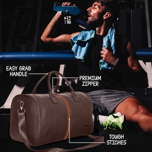 Image of Kenneth Cole Unisex Travel 30L Duffle Bag | Durable PU Vegan Leather | Detachable Adjustable Strap & Sturdy Stitching | Spacious & Stylish Travel, Gym, Weekend Bag for Men & Women | Brown
