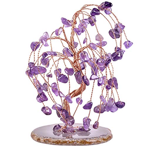 SUNYIK Handmade Amethyst Crystal Money Tree Set on Natural Agate Slice Base, Tree of Life Healing Crystals Chip Stone Bonsai Decoration Ornaments for Wealth and Lucky