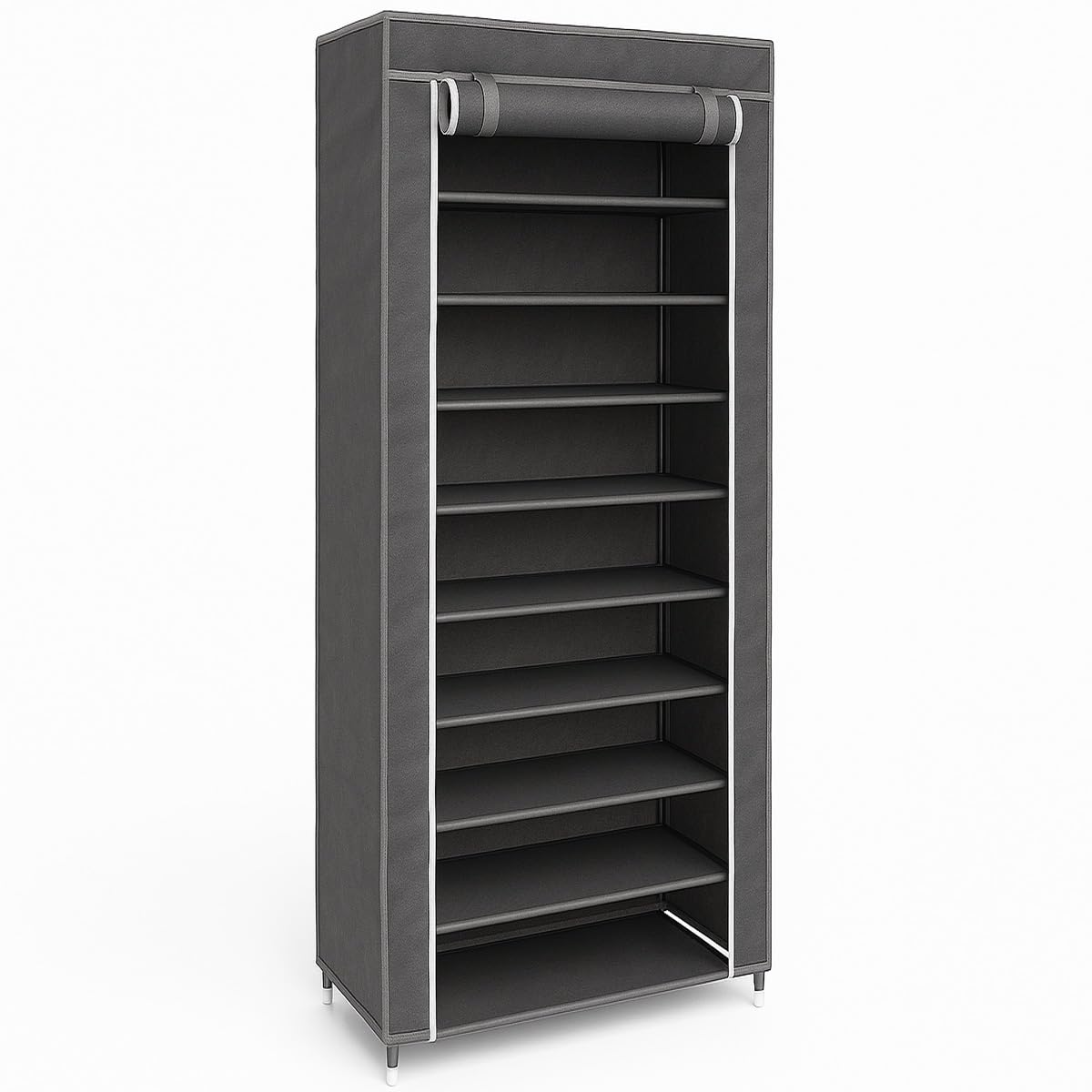 BAKAJI Scarpiera Armadio Salvaspazio 10 Ripiani 60x30x150cm Fino a 36 Paia di Scarpe Struttura Acciaio e Rivestimento in Tessuto TNT Impermeabile con Chiusura Zip Antipolvere (Grigio)
