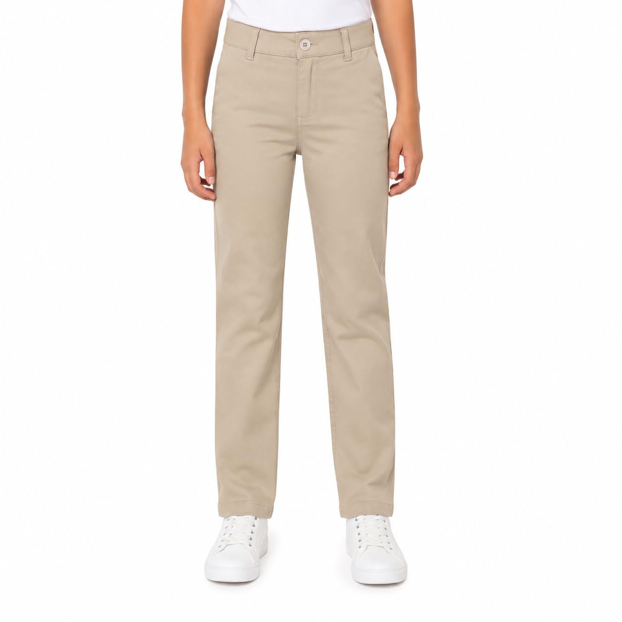 Bienzoe Pantalones de uniforme escolar de algodón elástico con cintura ajustable para niña - beige - 6X