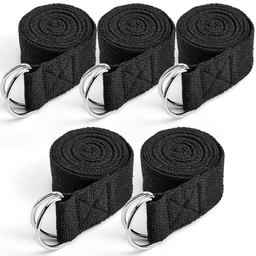 PLMMOUT 5 Stück Yogagurt, 1,8 m YogaGurt mit D Schnalle, Yoga Strap aus Baumwolle für Dehnen und Fitness, Yoga-Band Yogariemen für Anfänger und Fortgeschrittene, Schwarz
