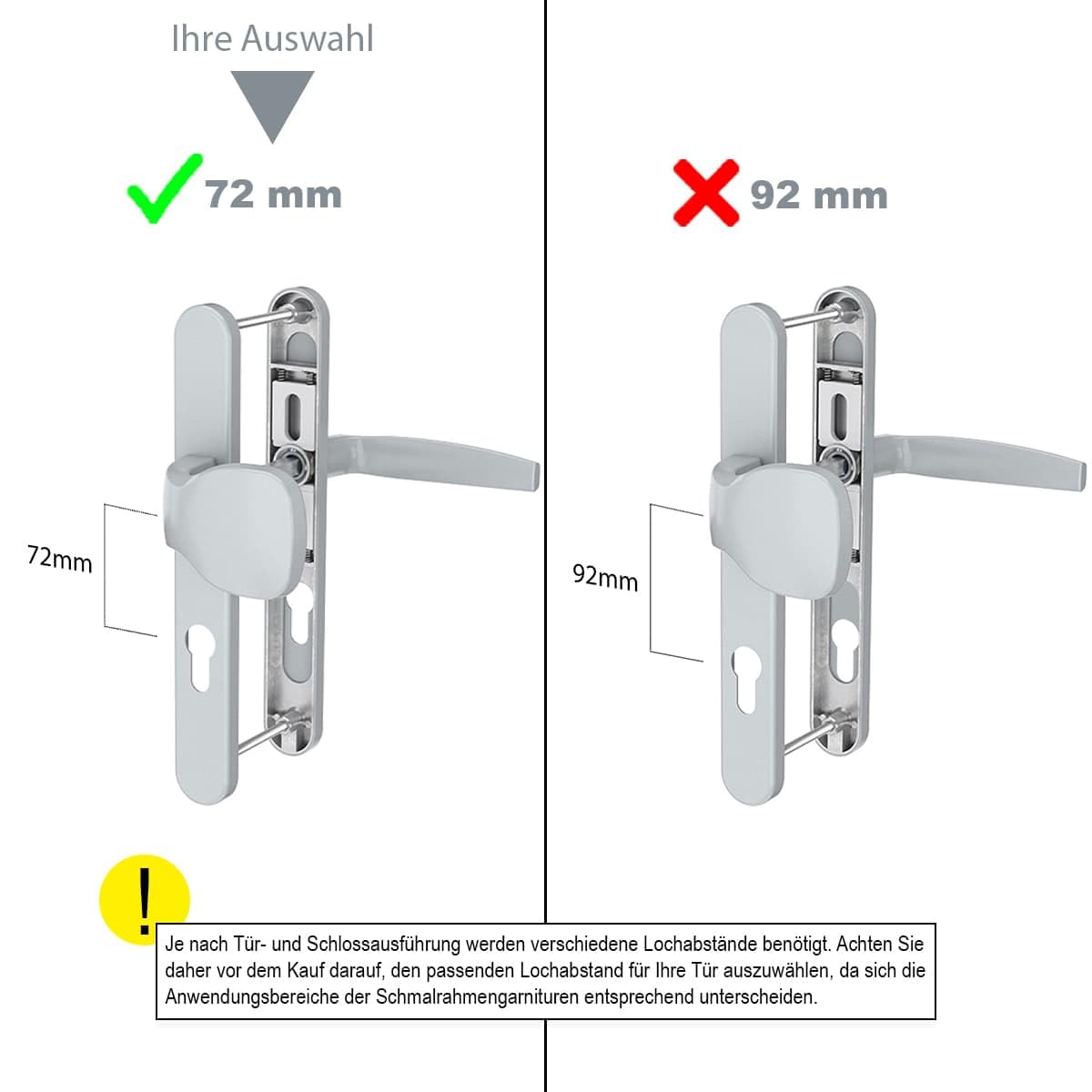 MS Beschläge Aluminium Schmalrahmengarnitur 72mm Abstand 8mm Vierkant Silber pulverbeschichtet Kernziehschutz Langschild Türdrücker Wechselgarnitur Türbeschlag (Knopf/Drücker, Türstärke 87-102mm)