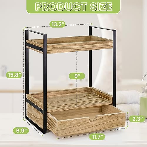 2-Tier Bathroom Organizer Countertop with Drawer, Wood Counter Shelf for Bathroom Storage, Vanity Tray for Bathroom Organization and Decor, Countertop Organizer for Bathroom, Kitchen, Office (Brown)