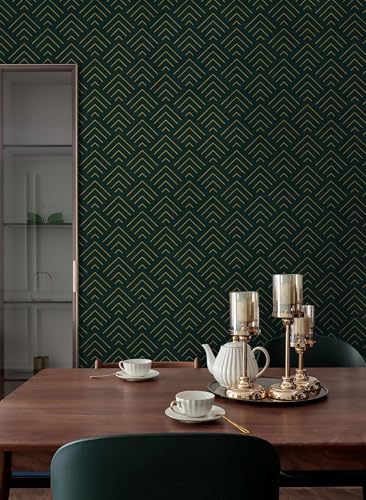 Image of TEKCOOL Self Adhesive Wallpaper Green and Gold Pattern Peel and Stick Wallpaper Gold Lines Geometric Sticky Back Vinyl Removable Contact Paper Wall Covering Decorative Film DIY 45x300cm (Green-3pc);