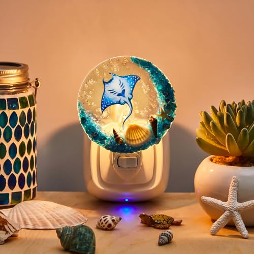 Image of Hortsun Plug in Seashell Night Light Ocean Sea Animal Decorative Night Light Plug in Beach Lamps Vintage Ocean Lamps for Adult for Home Bedroom Living Room Bathroom Wall(Manta Ray)