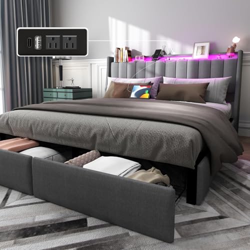 Queen Bed Frame with Headboard and 2 Storage Drawers, Platform Bed Frame Queen Size Upholstered with LED Lights and Charging Station, Steel Slat Support, No Box Spring Needed, Easy Assembly,