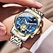 OLEVS Watch Men Luxury Watches for Men Blue Large Face Silver and Gold Stainless Steel Band Dress Analog Quartz Wrist Mens Watches Waterproof Chronograph Moon Phase Fashion Luminous Two Tone Relojes Para Hombres