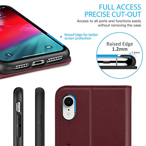 Shieldon Iphone Xr Case, Iphone Xr Wallet Case, Genuine Leather Durable Wallet Flip Book Cover Design With Kickstand Rfid Card Slots Magnetic Closure Compatible With Iphone Xr - Wine Red #TOP6