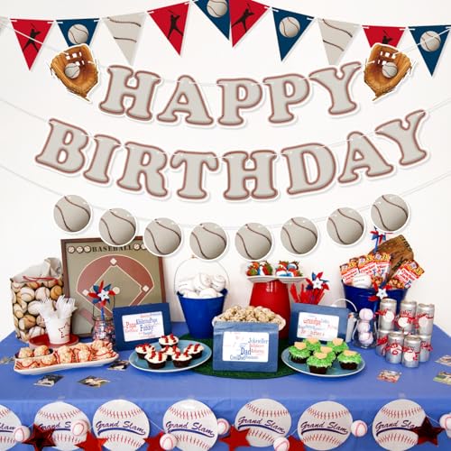 Image of Pre-Strung Baseball Happy Birthday Banner, Baseball Themed Birthday Party Decorations Hanging Banner, Sports Party Decorations Supplies