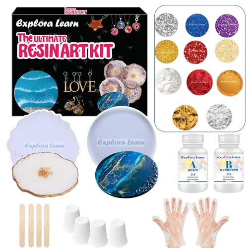 Image of exploralearn Ultimate Resin Art Kit - DIY Coaster Kit with 200 gm Epoxy Resin and silicone moulds - Comprehensive Resin Art Materials - Mica, Glitters and Flakes|Resin Art Kit for beginners|Multicolor
