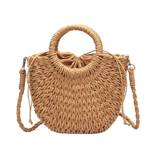 Henkelhandtasche für Den Sommer, Damen Crossbody-Tasche, Damen Strohstrandtasche Gewebte, Strohhandtasche, Sommer Strandtasche Strohtasche Umhängetasche Flechttasche, Brown