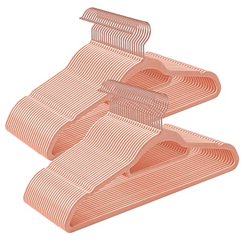Songmics klädhängare i sammet, set om 50, hängare, halkfri, liten stång för slipsar, 360° vridbar krok, 0,6 cm tjock, utrymmesbesparande, 43,5 cm lång, för rockar, byxor, roséguld-ljusrosa CRF21PK50