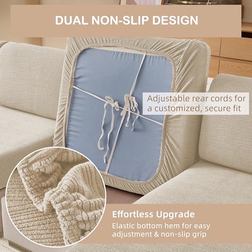 KaviKon Stretch Sectional Couch Covers, Wear Resistant L Shaped Sofa Slipcovers Washable Furniture Protector Anti Slip Cushion Covers for Dogs Armchair Cover (1 Piece Seat Chair Cover, Slanted Beige) — view 3
