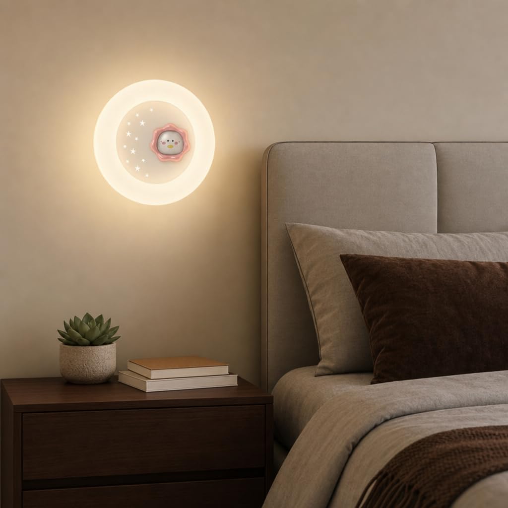 LED Wandleuchte Runde Rosa Acryl Lampenschirm, 20W Moderne Kinderzimmerlampe Cartoon Jungen Mädchen Wandlampe 3 Farbtemperaturen Innen Augenschutz Wandbeleuchtung Kinderlampe Babyzimmer