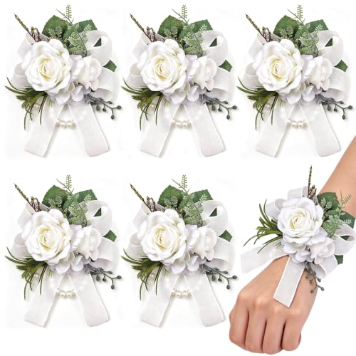 Meldel 6Pcs White Artificial Rose Wrist Corsages for Wedding Prom