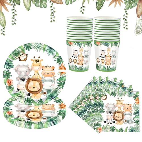 Juego de Vajilla para Fiesta de Safari, Vajilla de Fiesta para Niños para 20 Invitados, Decoración Cumpleaños Selva con Animales Verdes Platos Vasos Servilletas, para Baby Shower Niño