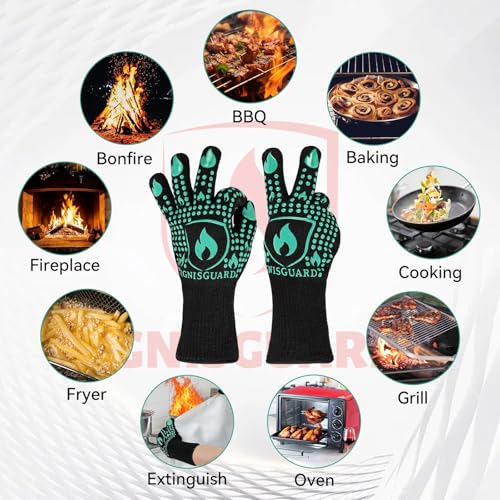 Image of BBQ & Grill Gloves, Oven Gloves, 1472F Silicone Oven Mitts Heat Resistant Grilling Gloves Fireproof Non-Slip for Barbecue Cooking Baking Smoking, 1-Pair (Green, Large)