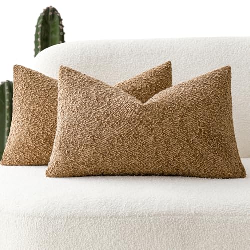 Image of Foindtower Pack of 2 Textured Boucle Throw Pillow Covers Accent Solid Lumbar Pillow Cases Cozy Soft Decorative Couch Cushion Case for Chair Sofa Bedroom Living Room Home Decor, 12 x 20 Inch,Tobacco