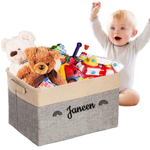 Personalized Kids Toy Box for Boys & Girls, Custom Embroidered Name Bin, Toy Storage Organizer - Collapsible Rectangular Basket (Grey)