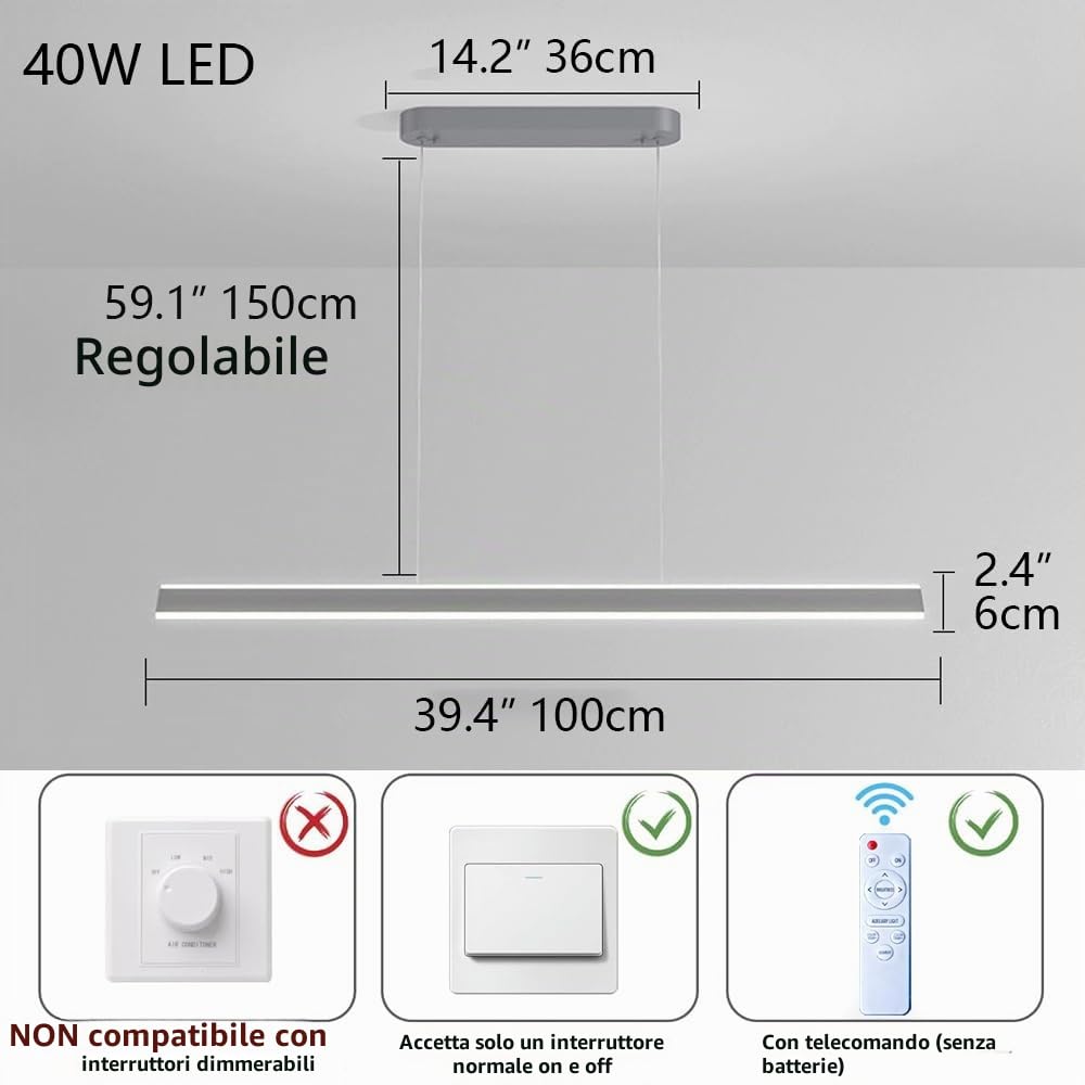 Moderna Lampada A Sospensione A LED Con Telecomando Per Isola Cucina, Lunga Lampada A Sospensione Lineare Sopra Il Tavolo Da Pranzo, Lampada A Sospensione Dimmerabile Per Soggiorno, Ufficio