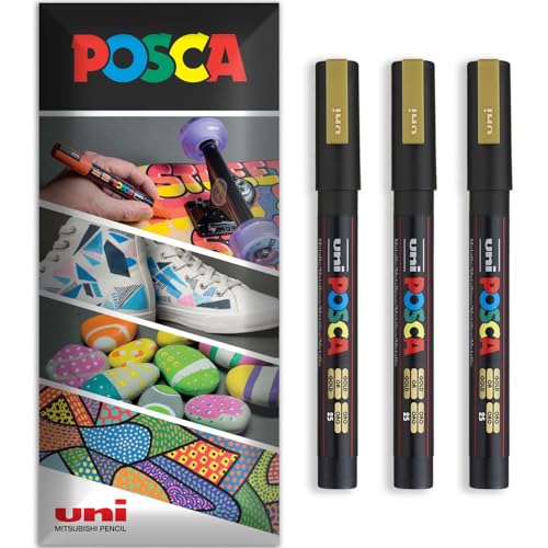 Posca - Rotulador permanente a base de agua, multiuso en superficies, PC-3M, paquete de 3 bolígrafos en cartera (dorado)