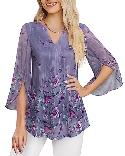 VALOLIA Women's 3/4 Sleeve Floral Tunic Tops V Neck Double Layers Loose Fit Mesh Blouses Shirt3