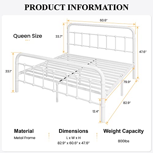 SHA CERLIN Queen Size Bed Frame Metal Platform Bed with Vintage Style Headboard and Footboard, Heavy Duty Mattress Foundation, No Box Spring Needed, Easy Assembly, White