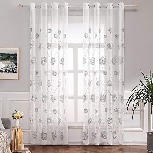 MIULEE 2 Panels Embroidered Sheer Window Flora Design Grommet Curtains Window Voile Panels/Drape/Treatment for Bedroom Living Room Flora Grey 55" Wx102 L