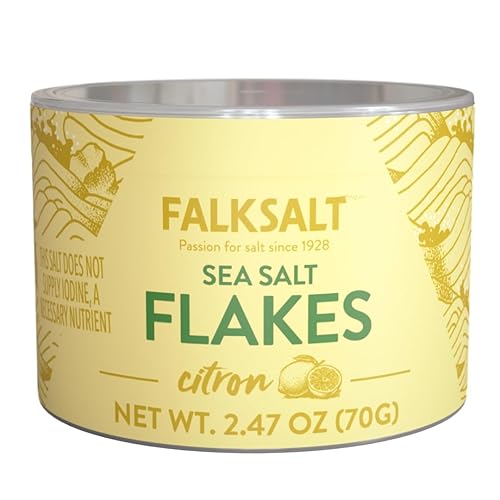 FALKSALT Copos de sal marina de citrón de 2.47 onzas Sal de acabado gourmet Sin OMG, certificado Kosher y Halal