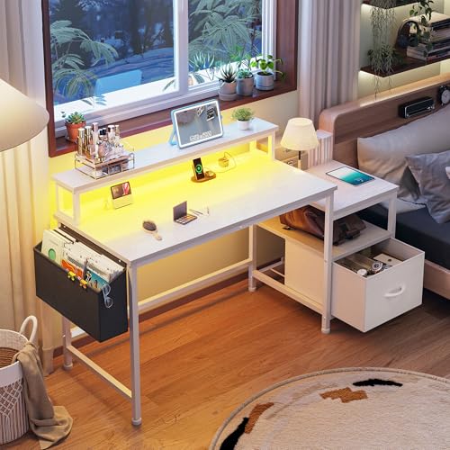 EnHomee 140x50CM Big Gaming Desk with Integrated Power Outlets & Monitor Shelf, Sturdy Reversible Computer Desk with Storage Drawer, Space Saving Corner Desks for Home Office PC Gamers Streamers