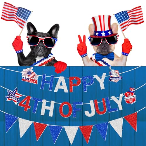 Image of Pre-Strung Happy 4th of July Banner Decorations, Patriotic Happy Fourth of July Blue Red Withe Garland Sign for Independence Day Memorial Day 250 Anniversary Party Celebration Home Office Mantel