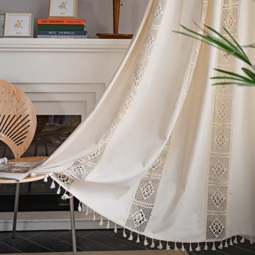 Setabeck Boho Curtain Patchwork Bohemian Hollow Knitted Cotton Linen, Rod Pocket Window Treatment Vintage Retro Farmhouse Tassels Drape For Bedroom Living Room, 1 Panel 59" W X 84" L, Beige #TOP1