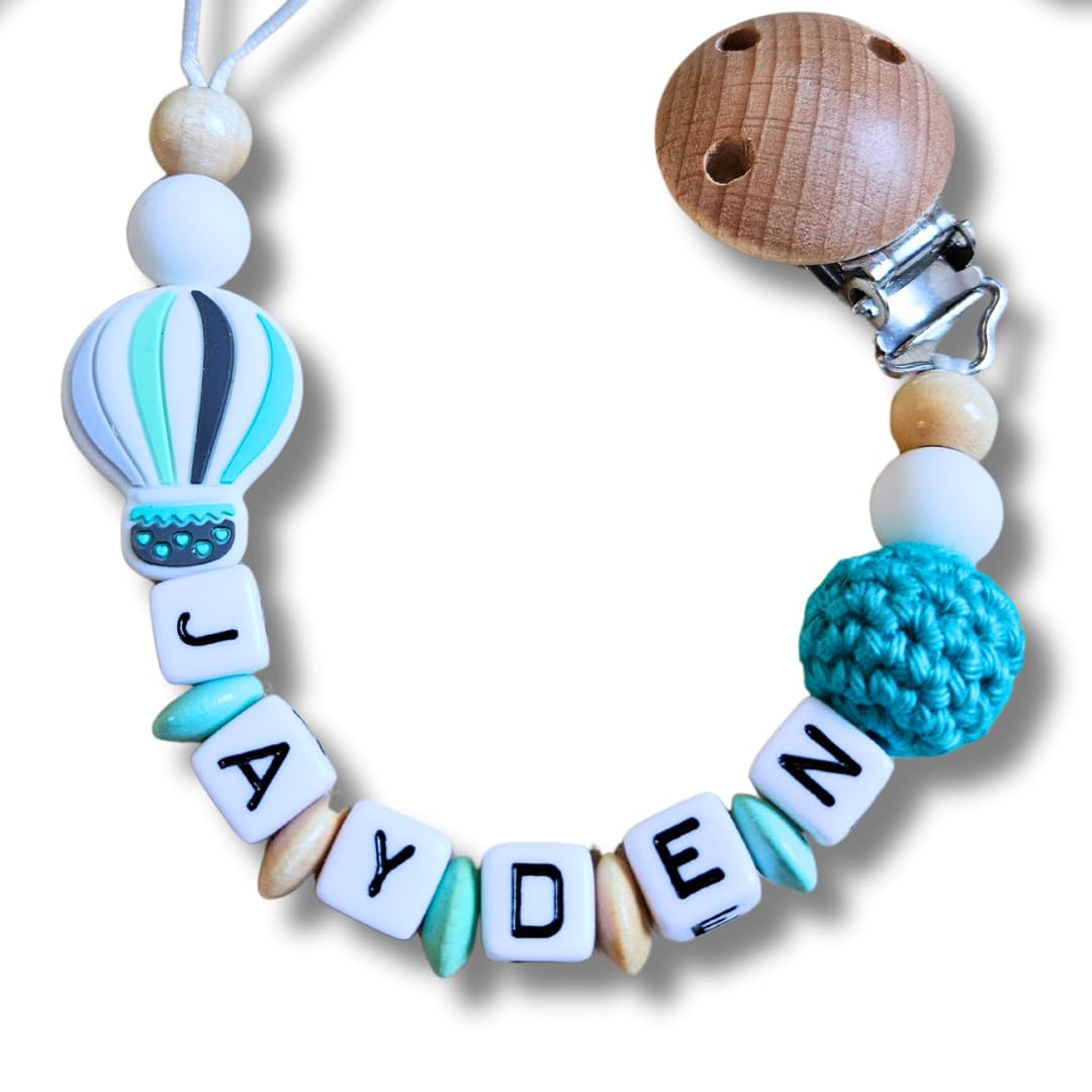 Lovely Personalisiertes Baby Geschenk, Mädchen/Junge, Schnullerkettchen mit Name, Schnullerband, verschiedene Farb-Varianten (Ballon-Türkis)