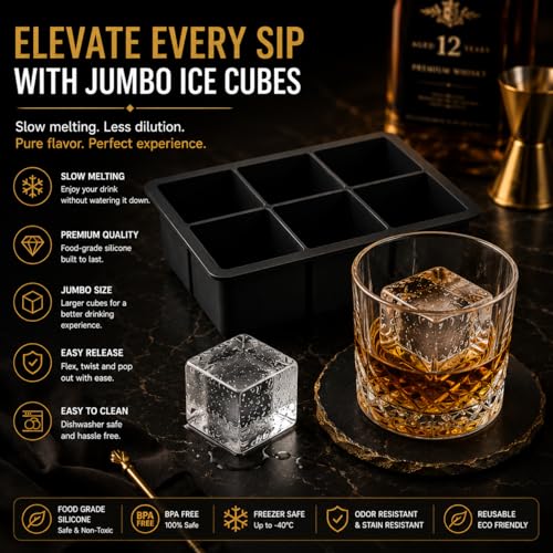 Image of Zollyss Ice Trays for Freezer Silicone | BPA-Free Large Jumbo Ice Cube Maker, Food-Grade Square Ice Cube Tray for Drinks, Cocktails, Coffee & Beverages, Black