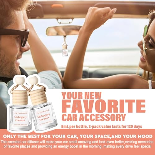 Image of C Classy Hanging Car Air Freshener 2 Pack, Mahogany Coconut Essential Oil Diffuser, Long-Lasting Fragrance, Cute Glass Bottle Car Accessories for Women & Men, Made in USA