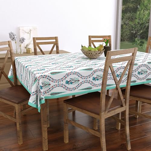 Image of BLOCKS OF INDIA Hand Block /Batik Print Rectangular Table Cloth for 6 Seater Dining Table (60 Inch X 90 Inch)(Turquoise Patti)