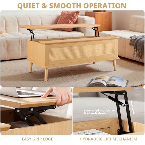 Image of Ink+Ivy Solid Wood Lift Top Coffee Table with Storage Compartments and Large Shelves, Handwoven Rattan Accent Sides, Oak Wood Grain Coffee Tables for Home Living Room Natural