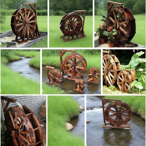 Image of Outdoor Garden Water Wheel Fountain, Self-Rotating Wooden Water Feature, Vintage Rustic Decoration for Patio Pond Pool, Complete Waterfall Fountain(20cm)