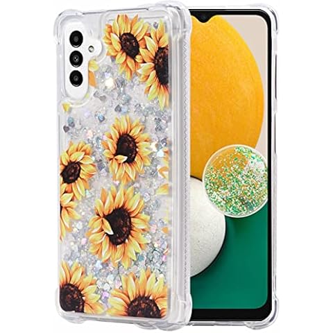 FLOCUTE Galaxy A13 Case, Galaxy A13 Glitter Floral Case Clear Flower Bling Sparkle Floating Liquid Soft TPU Cushion Luxury Fashion Girly Women Cute Case for Samsung Galaxy A13 (Sunflower) Cover