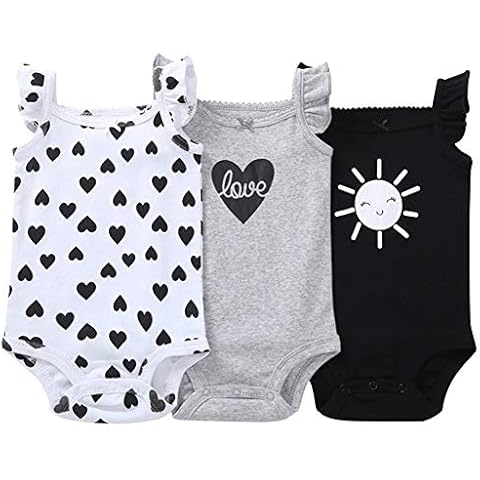 amropi Baby Girls Bodysuit Flying Sleeve 3-Pack Summer Sleeveless Rompers 3-6 Months, White/Grey/Black Cover