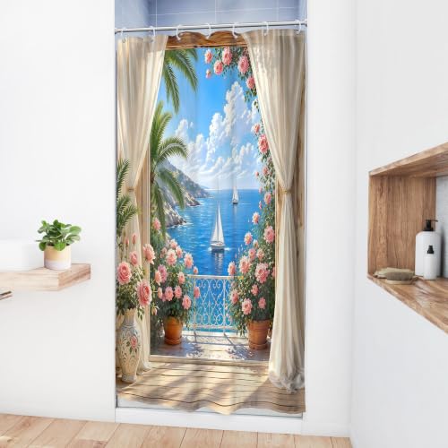 Image of Small Stall Beach Ocean Shower Curtain Blue Coastal Floral Bathroom Decor