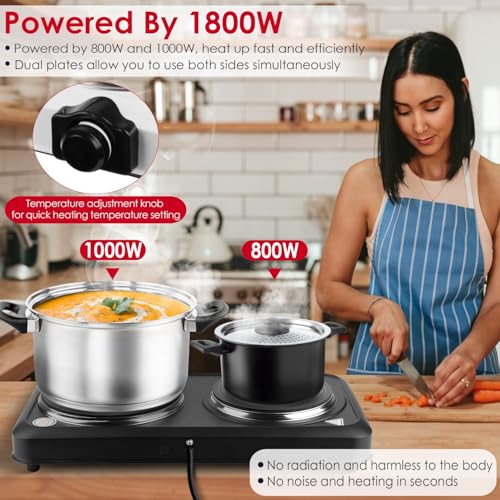 Image of 1800W Electric Double Cooktop Countertop Counter Stove Infrared Dual Burner | Portable Dual Hot Plates Glass Stepless Temperature for Camp Kitchen RV (Black)